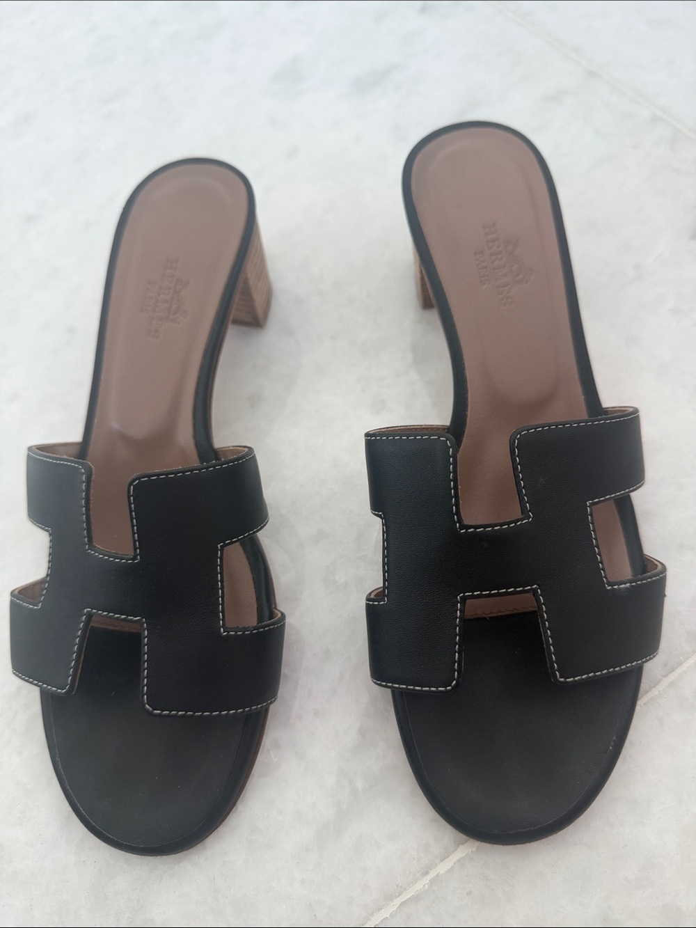 ORAN Black Leather Slide Heels with Contrast Stitching